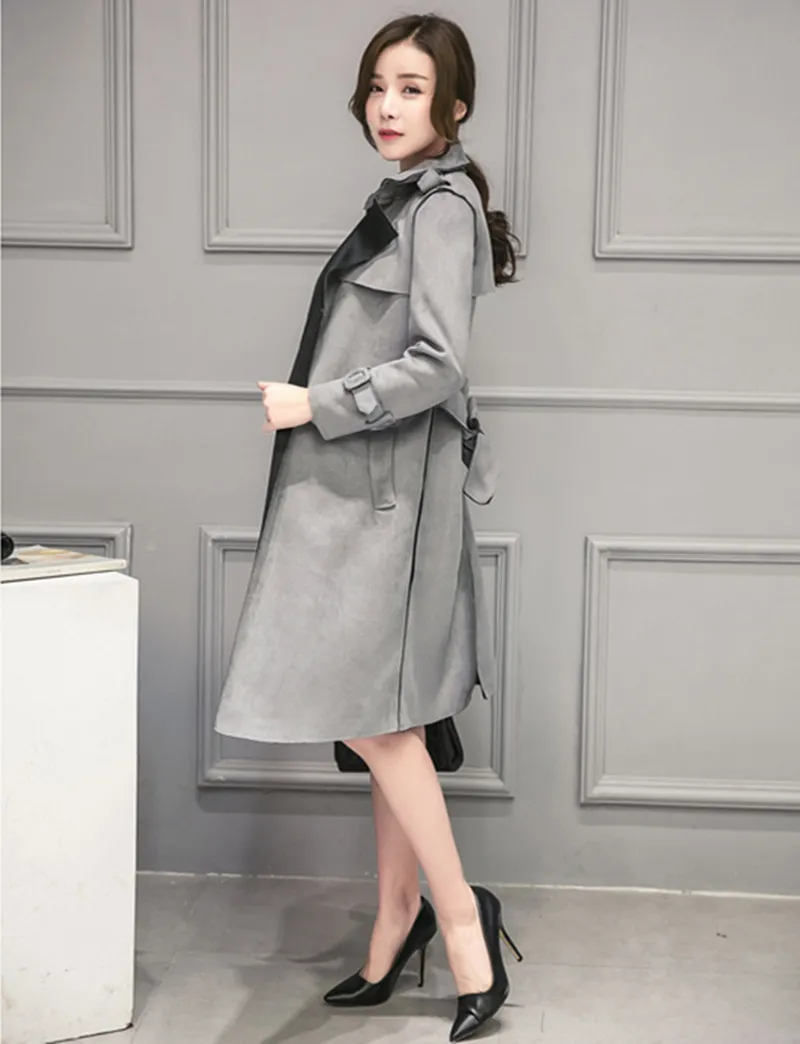 Ветровка с поясом Женская в Корейском стиле узкие серые пальто Весна Осень Тренч