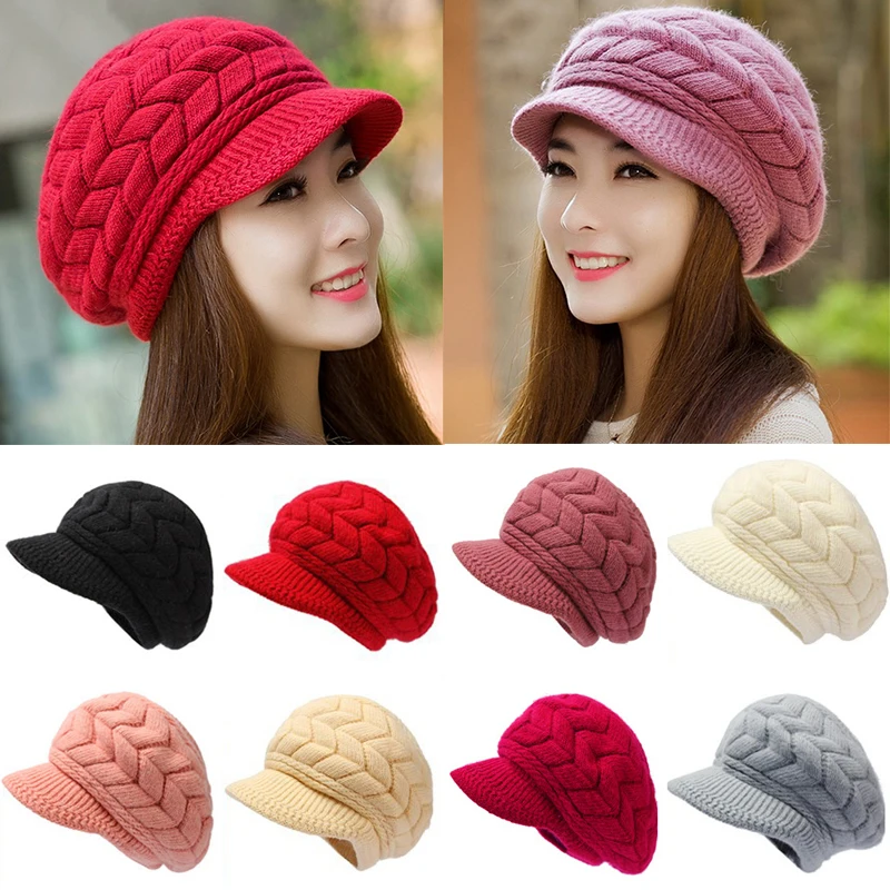 

Women Faux Rabbit Fur Caps Winter Warm Beanies Plus Velvet Wide Brim Knitted Hat Outdoor Durable Comfortable Fashion Black Caps