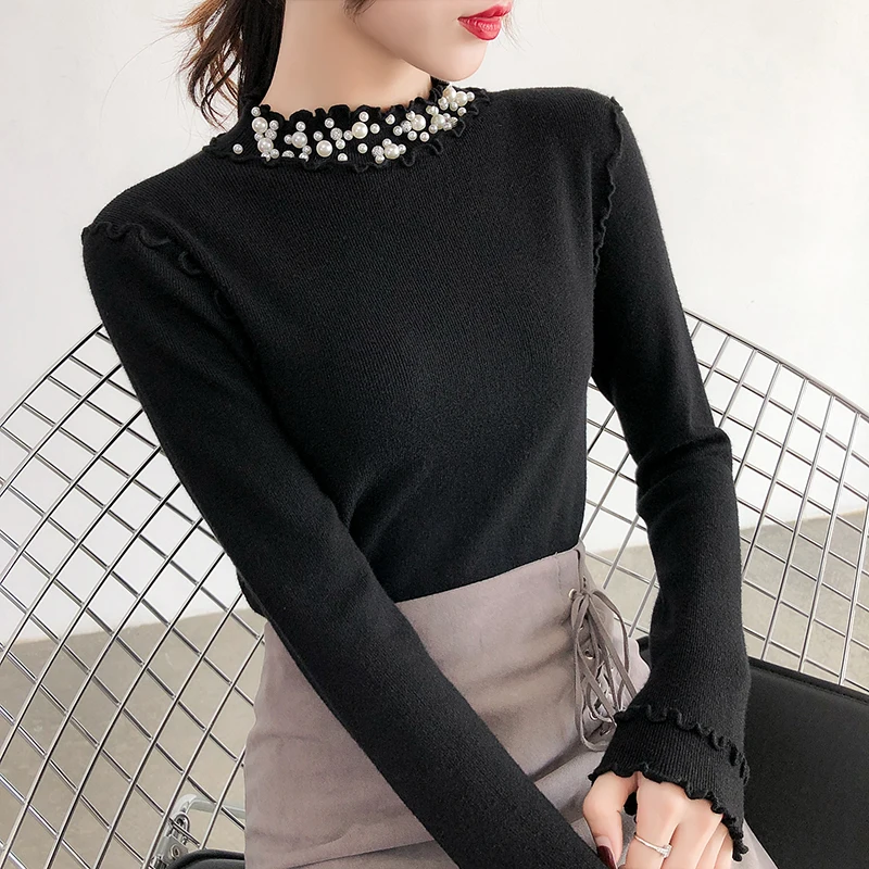 Lucyever Pearl Turtleneck Knitted Sweater Women Long Sleeve Elasticity Black Woman 2019 Winter Casual Simple Pull Femme | Женская одежда