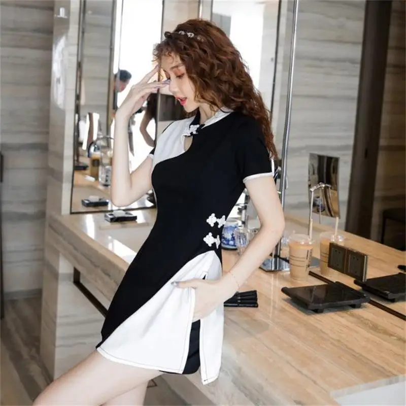 Женское летнее мини-платье Ципао черно-белое платье в китайском стиле с разрезом