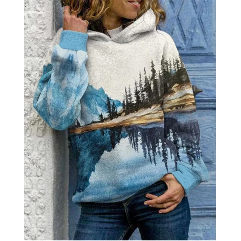 

Plus Size Women Hoodies Fashion Landscape Mountain Printed Pullover Long Sleeve Sweatshirt Autumn Winter Warm Hooded Tops Loose