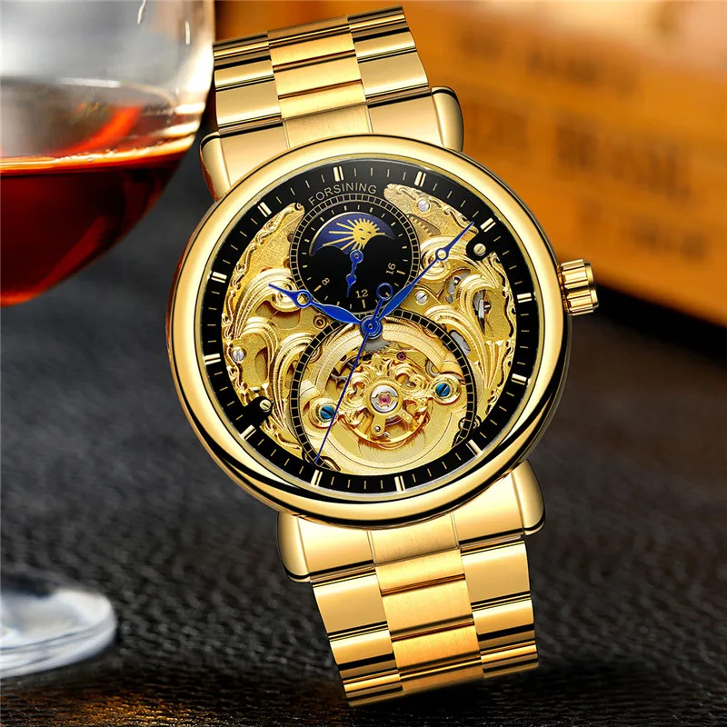 Часы наручные FORSINING Мужские механические автоматические спортивные золотистые