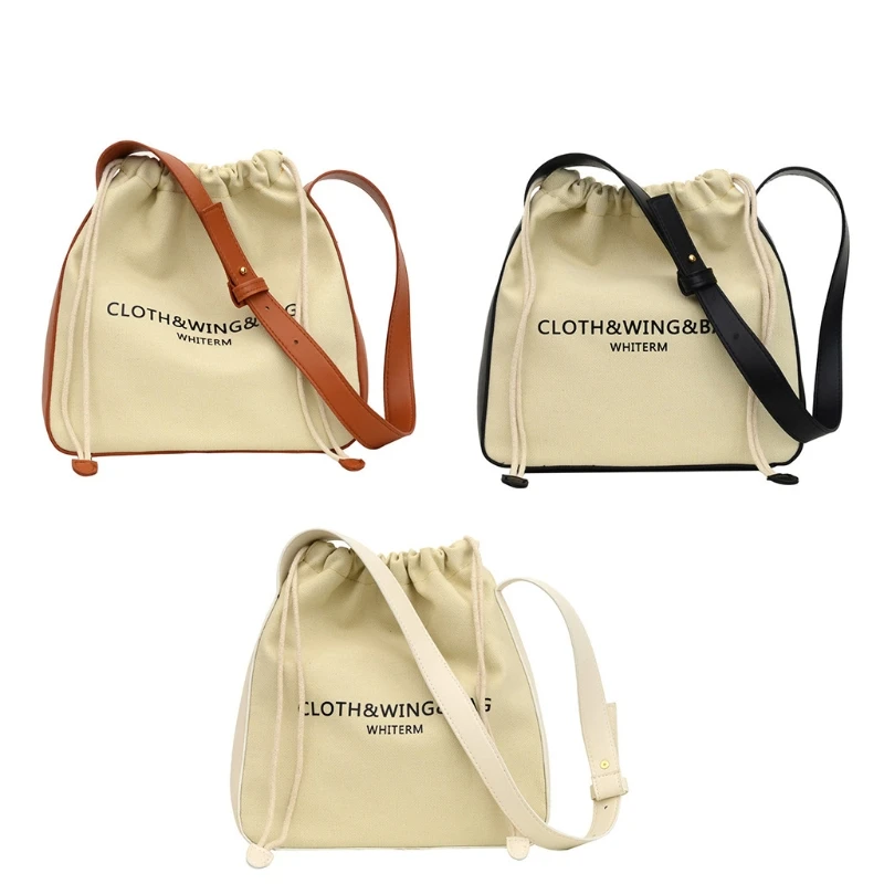 

Women Casual Canvas Shoulder Bag with Faux Leather Strap Crossbody Tote Purse Letters Print Adjustable Drawstring Handbag