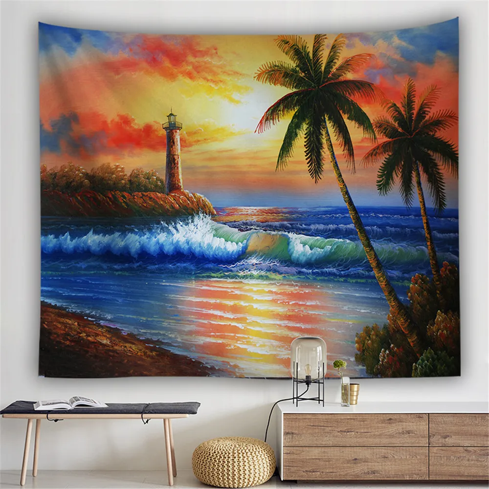 

Palm Tree Tapestries Landscape Wall Hanging Shell Tropical Yoga Decor Lake Water Bedspreads Blue Sky Large Woven Custom