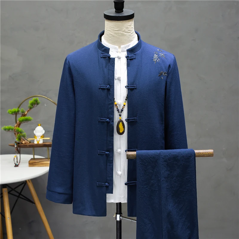 Blue Buckle Zhongshan Fu Men Suits Two Piece Chinese Embroidery Jackets Tang Mandarin Kung Fu Style Mens Clothing Oriental Style
