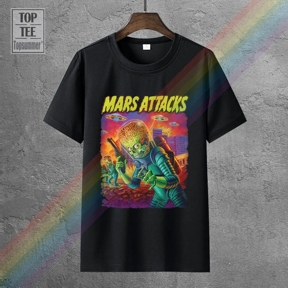 

Mars Attacks Movie Mens T Shirt Attacking Alien With A Saucer Filled Sky