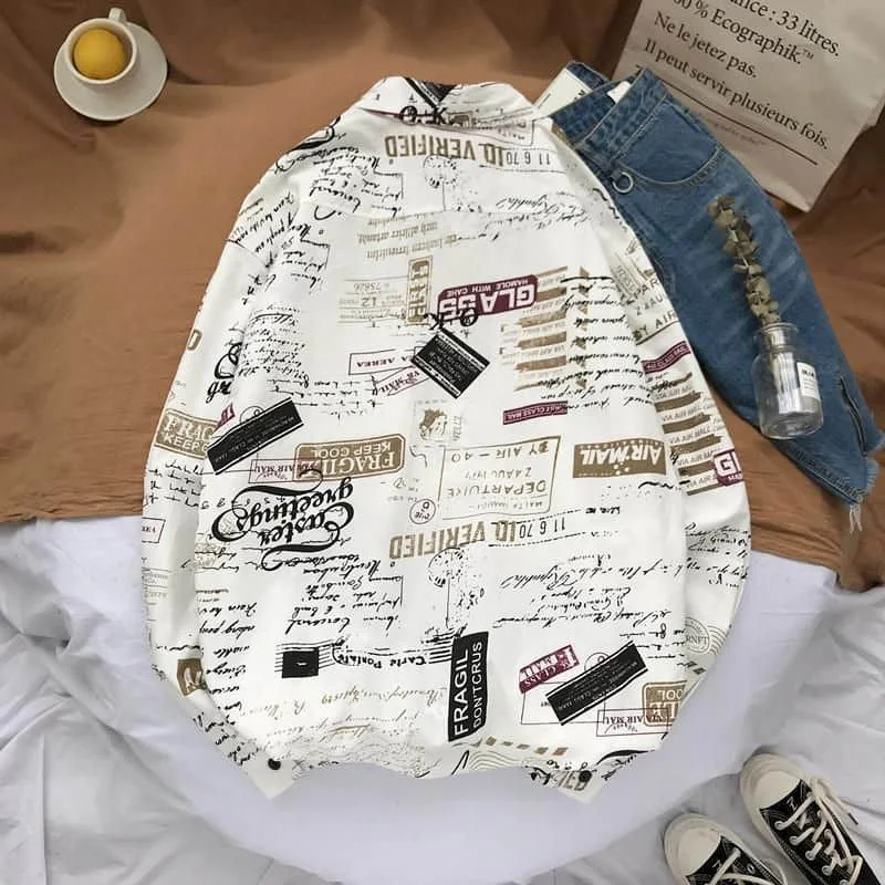 

Newspaper Korean Trend Jacket Men Long-sleeved Loose Bf Style Couple Shirt Student All-match Shirt Mens Shirts Oversized Shirt