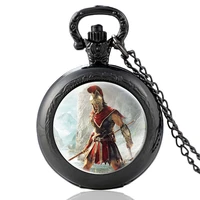 new arrival spartan soldier design black glass cabochon vintage quartz pocket watch men women pendant necklace hours clock gifts