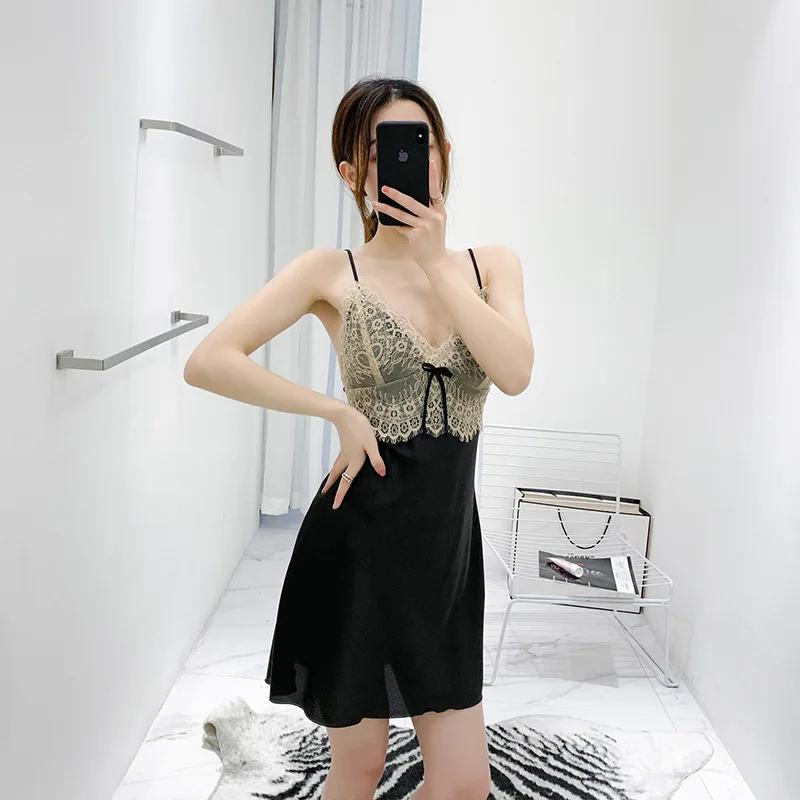 

Пикантная кружевная юбка на бретелях с V-образным вырезом и бантом, удобная женская пижама, ночная рубашка, летние тонкие подтяжки без рукав...
