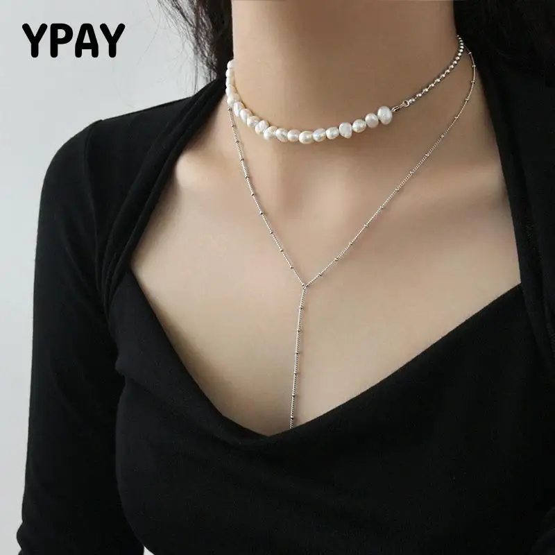 

YPAY Irregular Baroque Freshwater Pearl Choker Necklaces for Women 100% Authentic 925 Sterling Silver Bead Necklace Gift YMN137