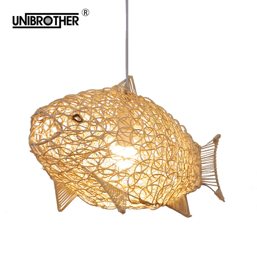 

Rattan Hanging Lamps Creative Fish Pendant Lights Hand Woven Restaurant Bedroom Bar Industrial Light Fixture Home Decoration