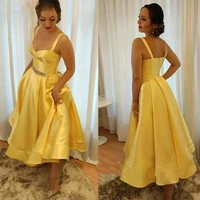 ankle length yellow prom dress for women girls vintage spaghetti straps long a line satin evening party gowns crystal sash