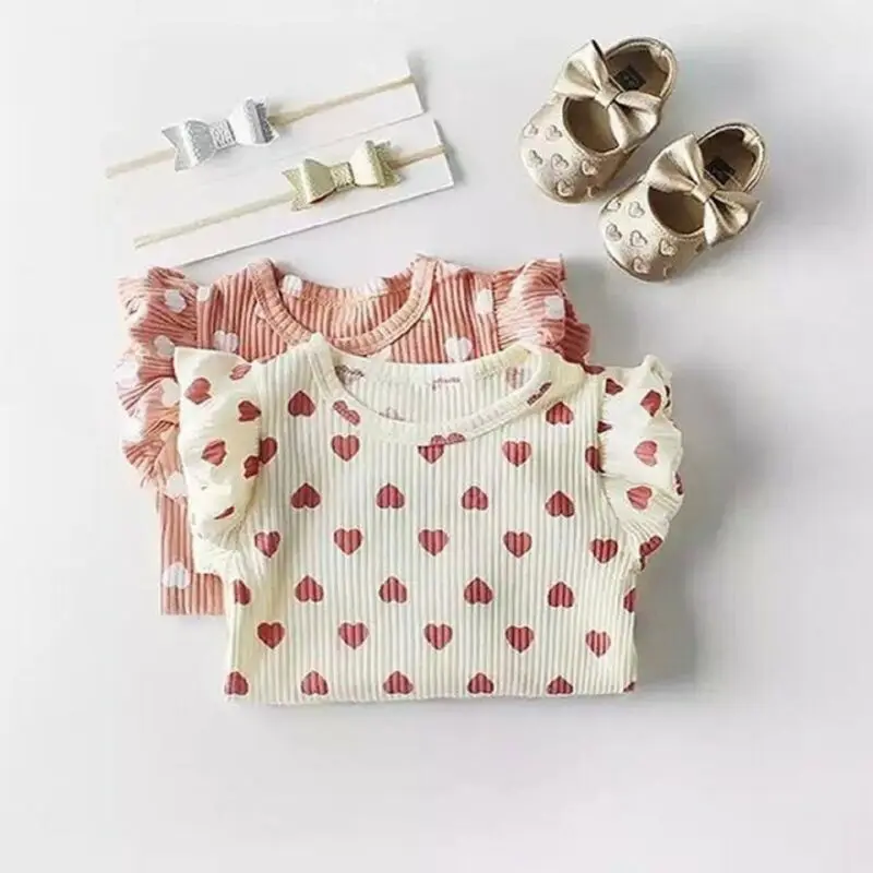 Spring Autumn Baby Clothing Baby Girls Ribbed Clothes Girl Ruffle Hearts Jumpsuit Newborn Fly Long Sleeve Bodysuit Kids Outfit