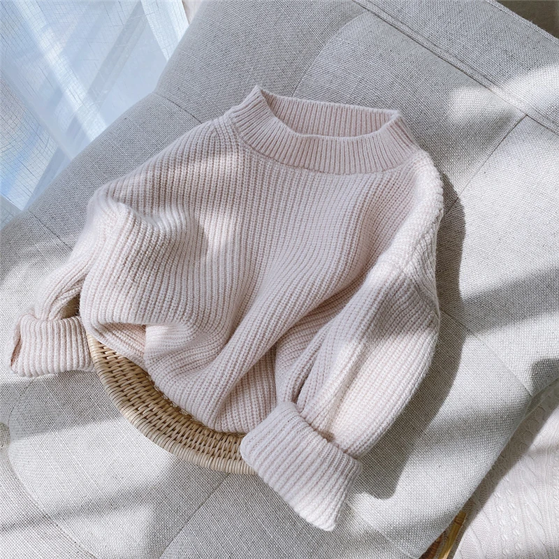 

New Baby Girl Knitted Sweater Loose Sleeve Round Collar Candy Solid Color Pullover 0-6Year Children Fall Winter Clothing Outfits