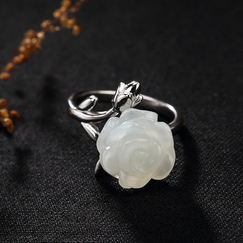 Женское кольцо MIQIAO нефритовое с розой винтажное регулируемое из серебра 925 пробы