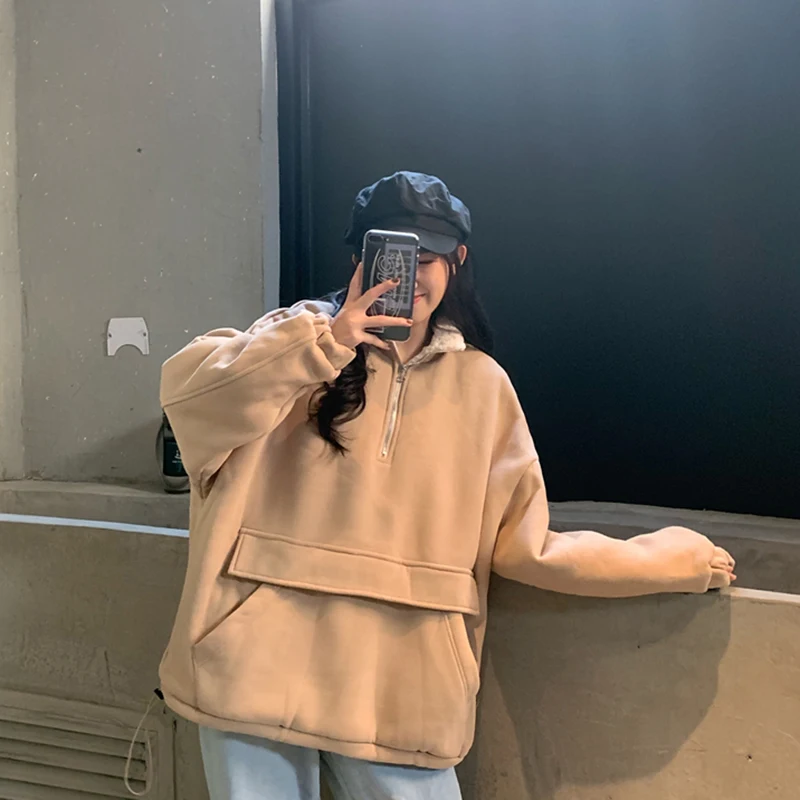 

Lucyever Vintage Zip Up Turtleneck Hoodies Women 2020 New Korean Casual Loose Fleece Thick Sweatshirts BF Style Solid Pullover
