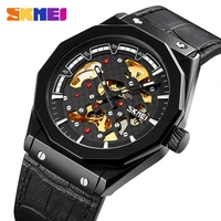 skmei brand reloj hombre creative automatic watches mens mechanical wristwatches hollow dial waterproof men leather strap watch