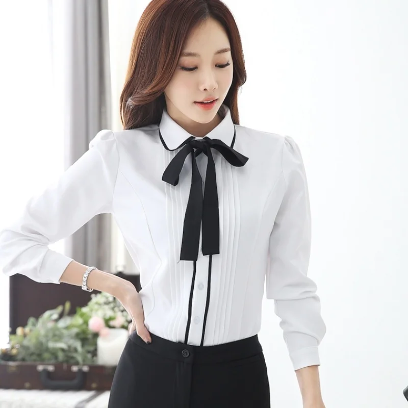 

5XL Office Bow Tie Blouse Women Long Sleeve White Button Necktie Shirts Female Elegant Work Shirt Casual Tops Spring Large Size