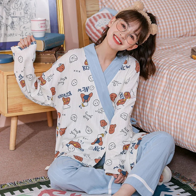Kimono Pajama Set Women's Cardigan V-neck Long Sleeve Sleepwear Japan Style Fashion Comfortable Home Service pijama mujer spring