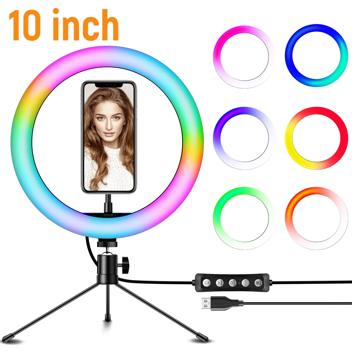 

Светодиодный кольцевой светильник RGB, 10 дюймов со штативом и подставкой, для камеры, телефона, Селфи, видео с регулируемой яркостью, для нанесения макияжа, прямой трансляции