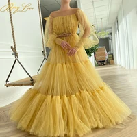 berylove tulle long prom dress yellow sequin sleeveless off shoulder tiered formal evening dress belt layers ball party gown