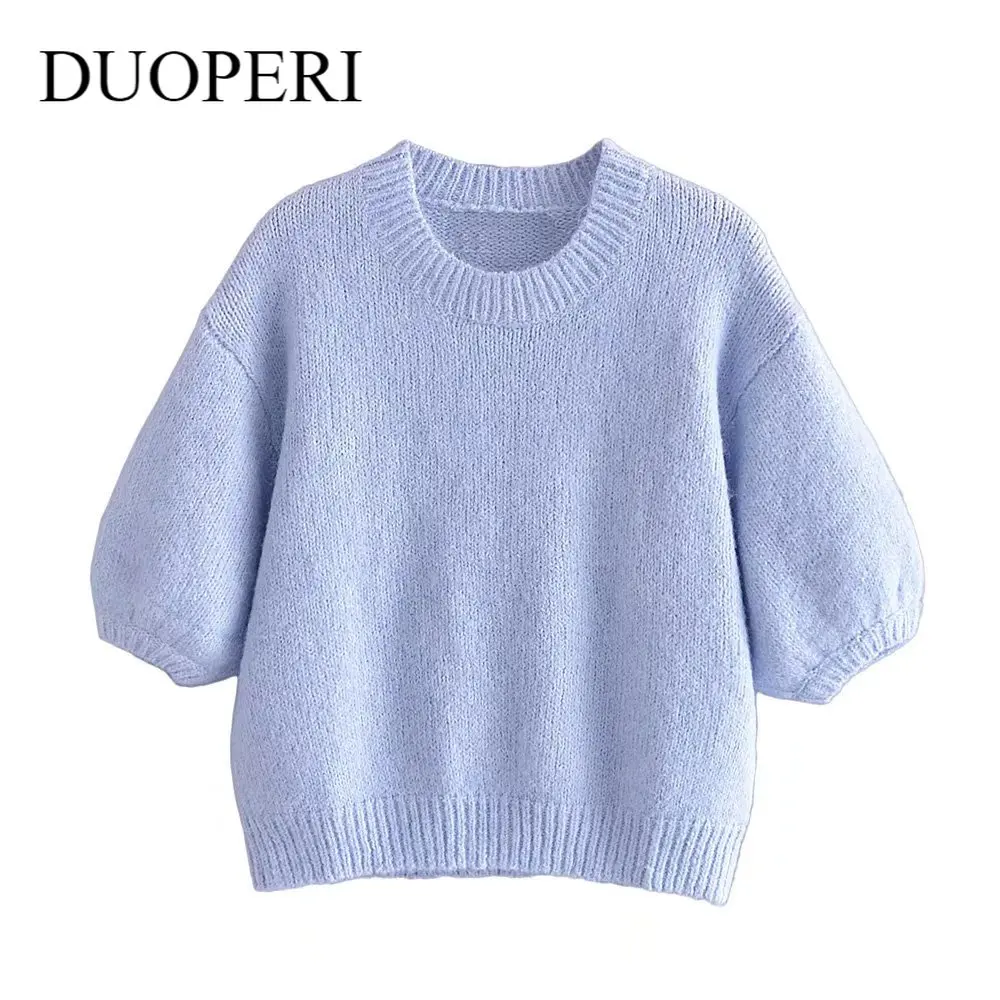 

Модный вязаный свитер DUOPERI, топ, женские повседневные трикотажные свитера с коротким рукавом и круглым вырезом, Женский пуловер, топы