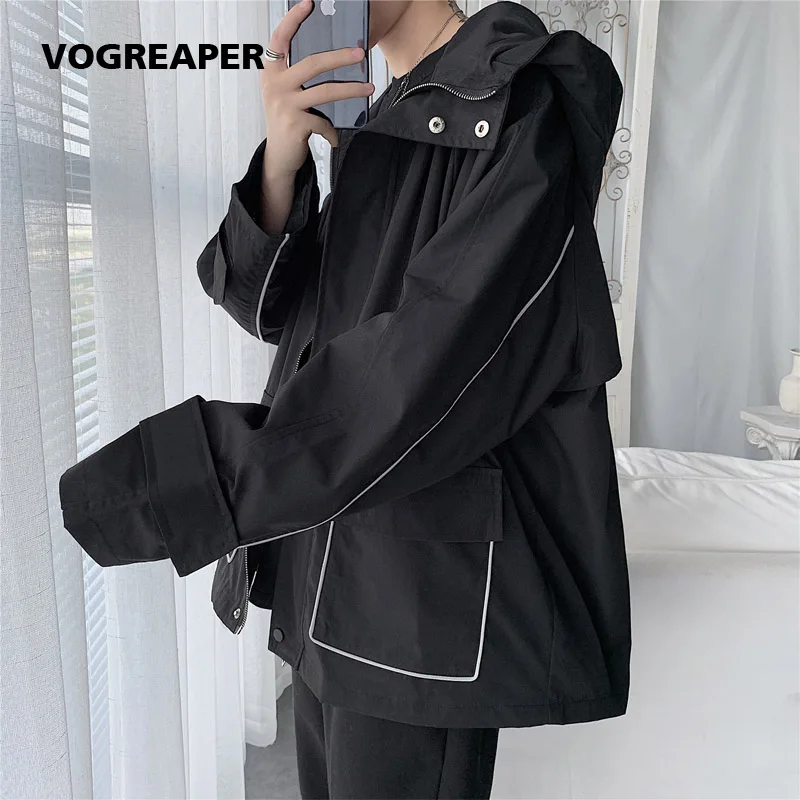 Мужская Уличная свободная Черная Куртка мужская ветровка на молнии с капюшоном