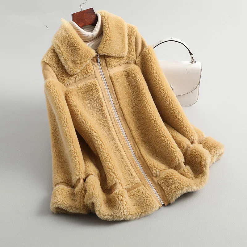 Golden yellow AYUNSUE овечья шерсть пальто из натурального меха зимняя куртка женская шерстяное пальто женские длинные розовые куртки Корейская верхняя одежда MY4199 - Цвет: Golden yellow