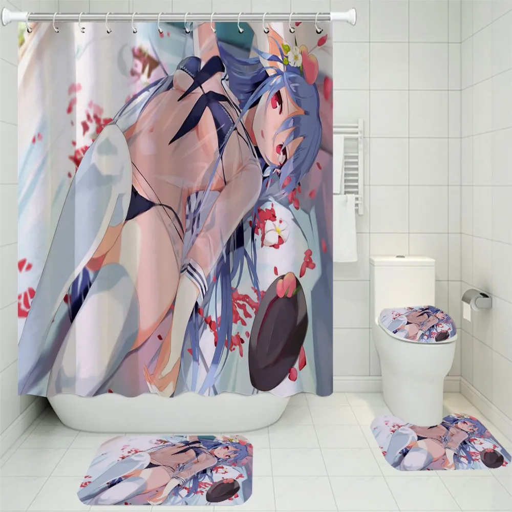 

3/4 Pieces Bikini Sexy Girl Shower Curtains Set 3D Print Carpet Japan Anime Toilet Mat Non-slip Home Decor Bathroom Curtain Set