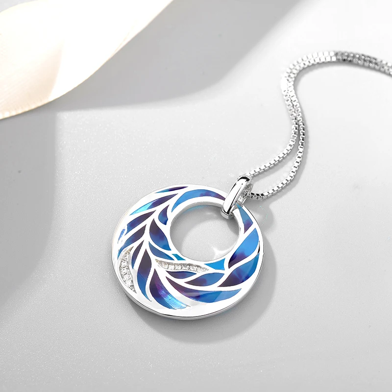 Модное круглое ожерелье из серебра 925 пробы с эмалью как лист морской синий цвет