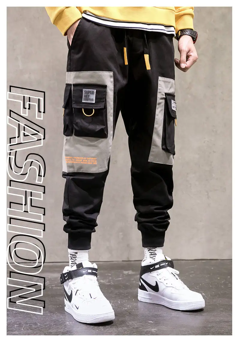 2019 INS Europe Buckle Ribbons Pockets Joggers Cargo Harem Pants Streetwear Men Autumn Hip Hop Casual Sweatpants Male | Мужская одежда