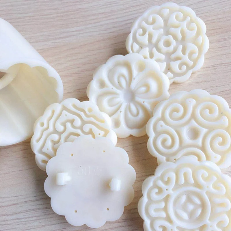 

6pcs 3D Moon Cake Decor Flowers Stamps Mould Barrel Round Mooncake Mold 50g Pastry Mooncakes Hand DIY Tool