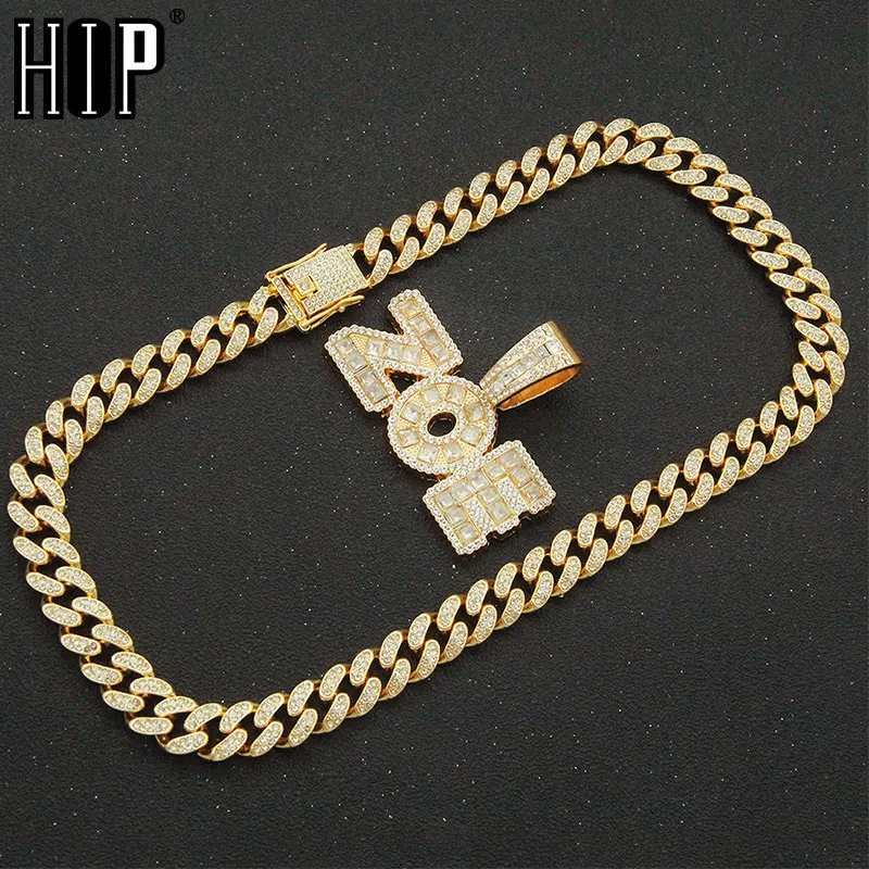 

HIP HOP AAA+ Rhinestone Iced Out Miami 13mm Cuban Link Chain With Baguette Letters Pendant Necklaces For Men's Women Jewelry