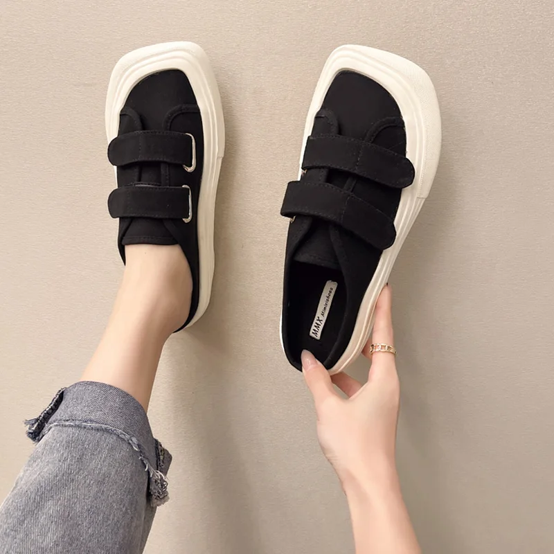 

Flat Shoes Female House Slippers Platform Med Cover Toe Slipers Women Slides 2021 Canvas Fabric Rubber Hook & Loop Cotton