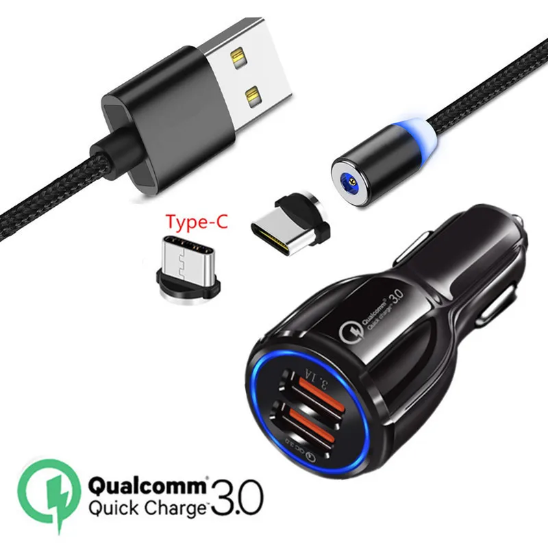 Магнитный светодиодный кабель типа C QC 3,0 USB быстрое автомобильное зарядное устройство для htc U11 samsung galaxy S8 S9 A3 A5 A7 C9 Pro Note 10 A80 A60 A50
