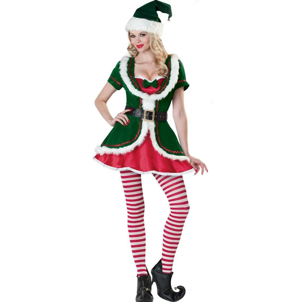 Для взрослых женщин X mas фестиваль зеленый эльфийский костюм идея Низкий вырез