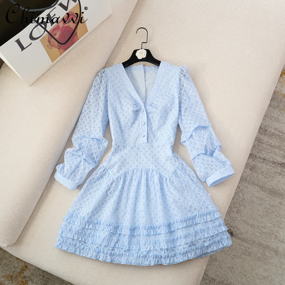 

2021 Fall Women's Clothing New Fashion V-neck Long Sleeve High Waist Slimming Lace Puffy A- Line Dress Elegant Dress Feminine