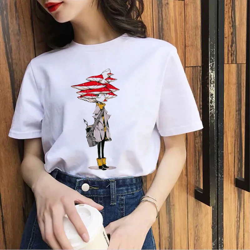 

Abstract art style mushroom girl cartoon graphic printed women's T-shirt Harajuku street cute loose casual short sleeves Top Tee