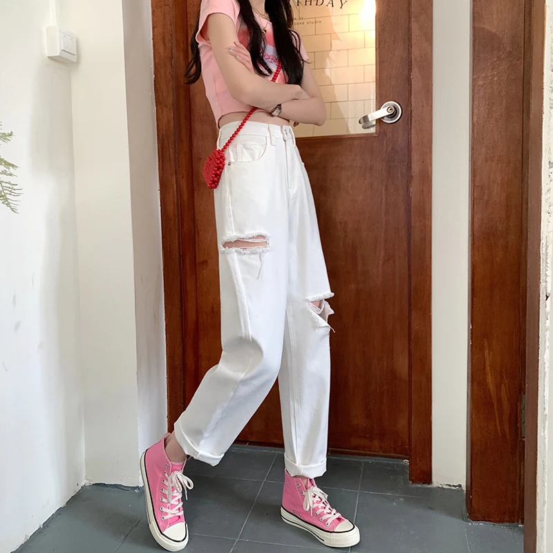 

Women High Waist Casual Jeans Korean Slim White Denim Pants Fashion Harajuku Retro Female Wide Leg Ripped Trousers