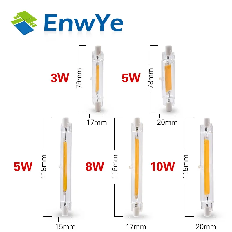 EnwYe COB R7S Светодиодный лампа стеклянная трубка сменная галогеновой лампы прожектор 3 Вт 5 Вт 8 Вт 10 Вт R7S 78 R7S 118 переменного тока 220V 240V