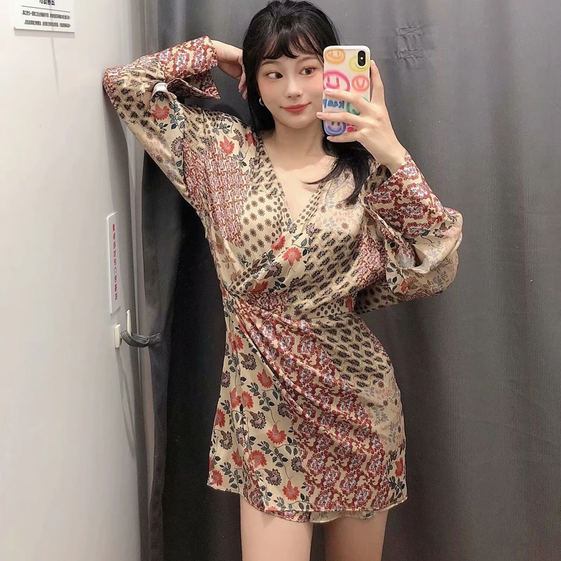 

Za 2020 printed Women's jumpsuit mini jumpsuit ladies retro long sleeve V-neck wrap jumpsuit womens clothing casual jumpsuit