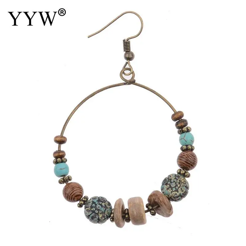 2019 полые круглые бирюзовые деревянные бусины Женские Висячие серьги в богемном
