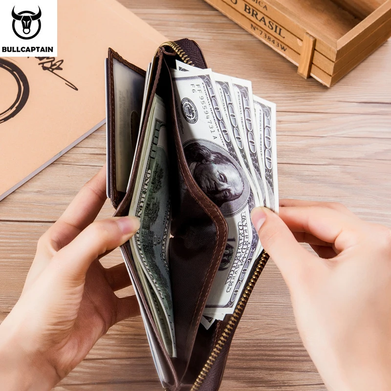 BULLCAPTAIN мужской кошелек из кожи RFID, брендовый кошелек, Ретро стиль, мужской короткий кошелек для монет, кошелек на молнии, держатель для карт, кошелек