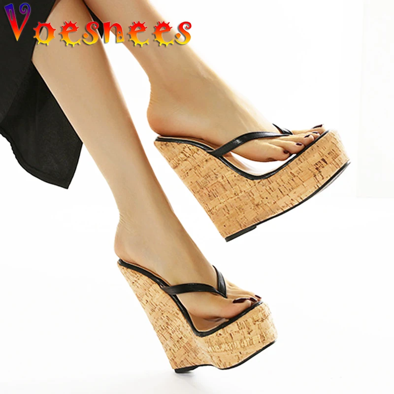 

2021 Roman Summer Wood Grain Wedges Slides Sexy Nightclub Sandal Slippers Peep ToeS Flip Flops Women Shoes Fashion High Heels