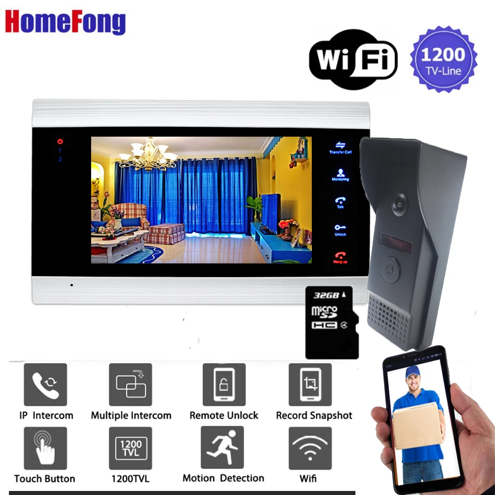 

Homefong 7 Inch Wireless Video Door Phone Door Intercom IP Wifi Doorbell With Camera 1200TVL Unlock Record Motion Detection