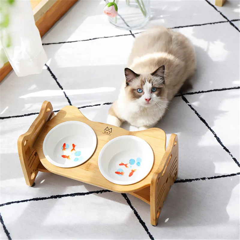 

New Cats Food Bowl Feeding Pet Ceramic Feeding and Water Bowls with Bamboo Frame for Dogs Cats Pets Dish Pet Supplies
