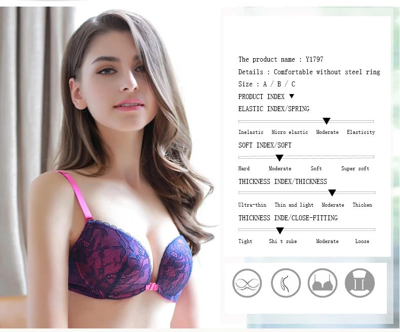 Hot Female Wire Free Front Buckle Lace-Side Fashion Bra New Small Chest Thickening Gathered Bra Beauty Back Sexy Blue Underwear