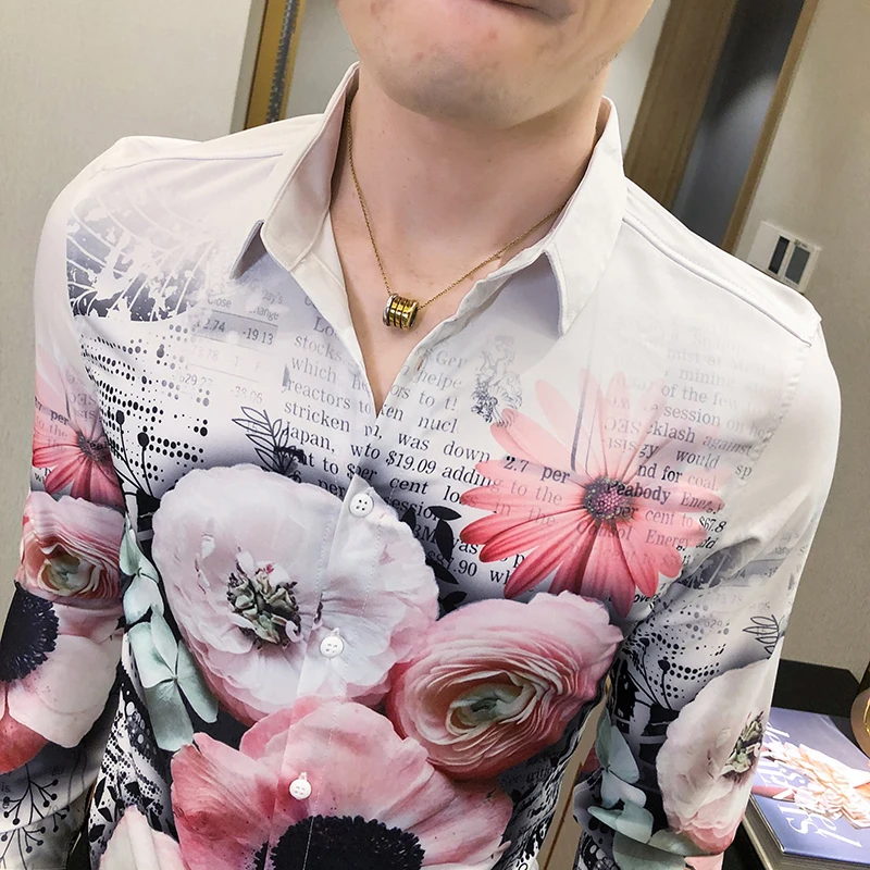 

Masculina Luxury Camiseta Men Flower Shirt Fashion Autumn Shirt Korean Slim Fit Casual Men Social Shirt Long Sleeve Night Club
