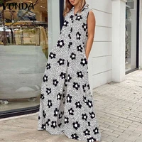 long jumpsuits vonda 2022 sexy sleeveless floral printed wide leg pants palazzo casual lapel collar button up office overalls