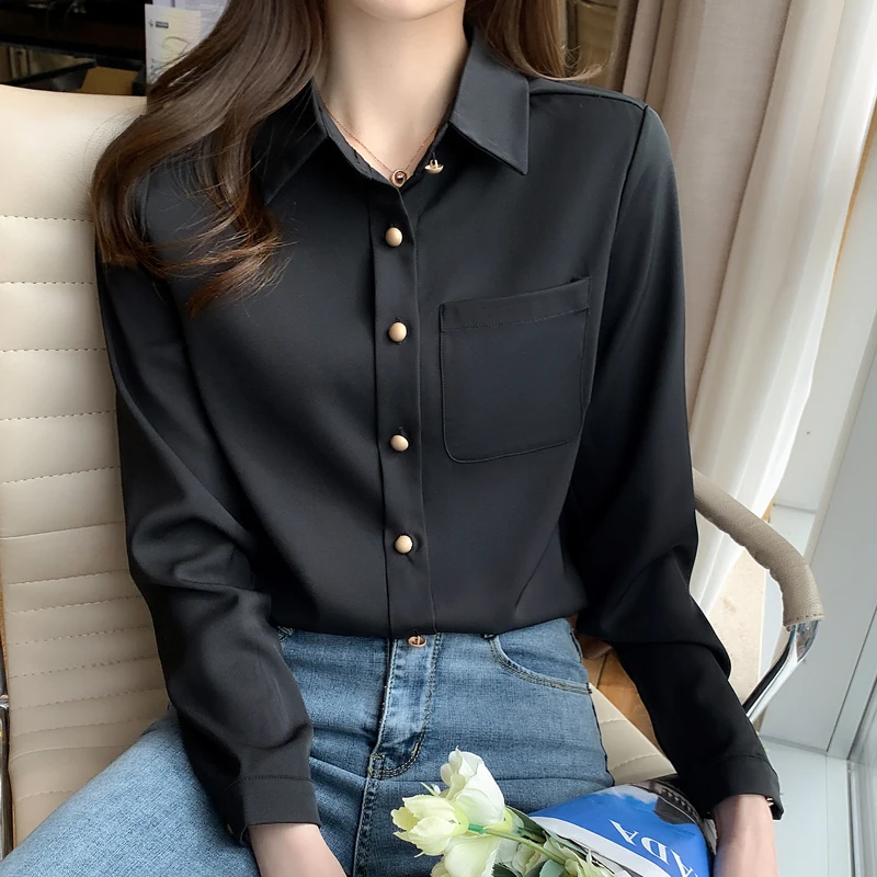 

Летние новые женские блузки, рубашка-поло, топы с длинным рукавом, однотонная блузка, шифоновая Повседневная модная женская блузка с карман...